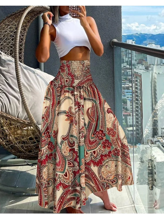 Women Fashion Floral Print Folds Bohemian Elastic High Waist  Skirt Ladies Knee-Length Long Skirts For Women