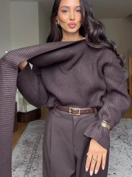 Brown Turtleneck Knitted Pullover Women Solid Casual Scarf Collar Long Sleeve Loose Warm Sweater 2025 Office Knitwear