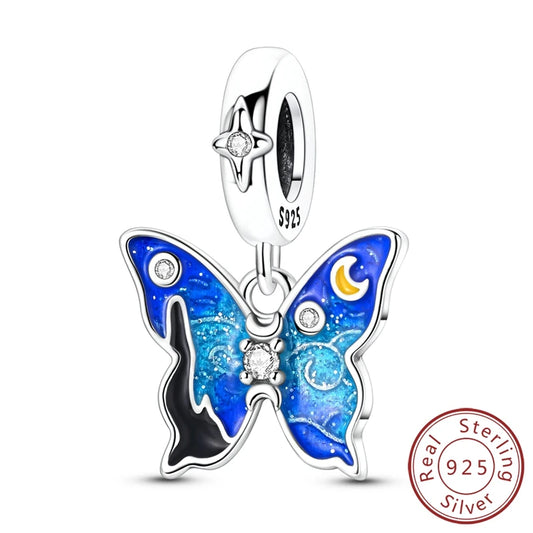 Original 925 Sterling Silver Starry Sky Butterfly Paint Charm Bead Pendant – Fits Original Bracelets & Chains for Women DIY Gift