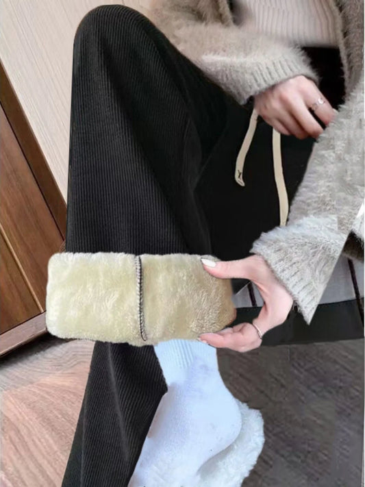 High Waist Wide Leg Pants for Women – Autumn Winter Flannel Fleece Lined Straight Cut Casual Trousers