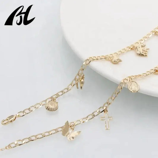 Gold Plated Elephant Butterfly Dolphin Star Heart Shell Cross Virgin Mary Turtle Clover Ankle Chin Foot Jewelry Anklets Set