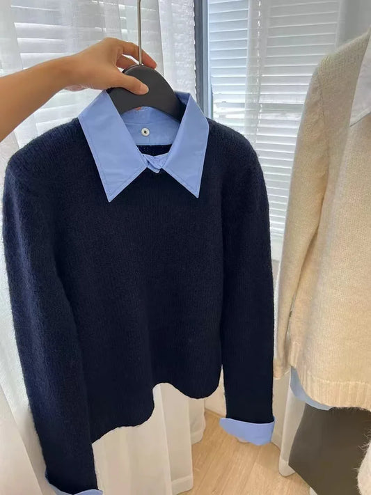 Fake Two Shirts Collar Sweater Women Autumn Outfit New Lazy Interior Contrasting Color Gray Knit Top with Flip CollarFake Two Shirts Collar Sweater Women Autumn Outfit New Lazy Interior Contrasting Color Gray Knit Top with Flip Collar