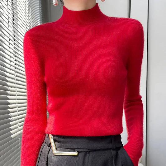 Autumn Winter Women Slim Fit Sweater Black Long Sleeve Mock Neck Bottoming Shirt Basic Knitted Pullover