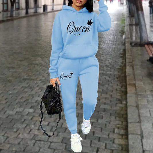 Queen Letter Graphic Print Women’s Hoodie and Pants 2-Piece Suit Autumn Winter Sports Jogging Aesthetic Tracksuit