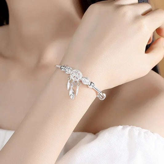 925 Sterling Silver Tassel Feather Bead Charm Bracelet for Women – Adjustable Luxury Bangle Wedding Jewelry Gift