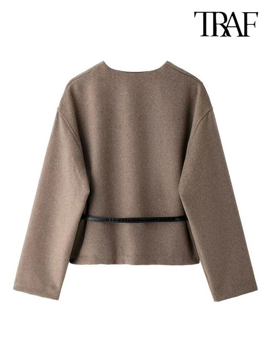 Women's Fashion 2024 fall and winter new elegant high street with belt loose V-neck solid color long-sleeved warm jacket