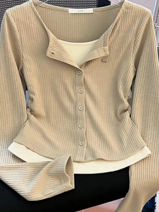 Unique Design Long Sleeve Slim Fit T-Shirt for Women – Early Autumn Plus Size Korean Style Knit Top