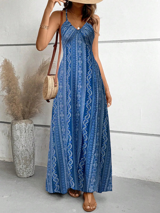 Female Clothing Dresses For Woman Spring And Summer New Women's Fashionable Suspender Print Beach Slit Dress High Waist Slimming