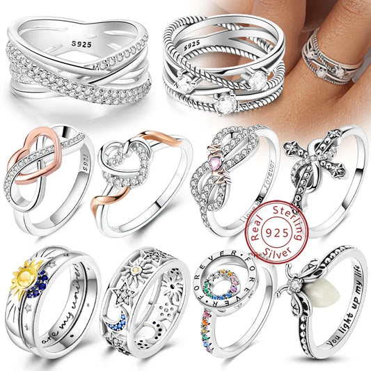 Original 925 Sterling Silver Bow, Heart, Sun, Moon, and Star Zircon Rings – Women’s Jewelry for Birthdays and Anniversaries