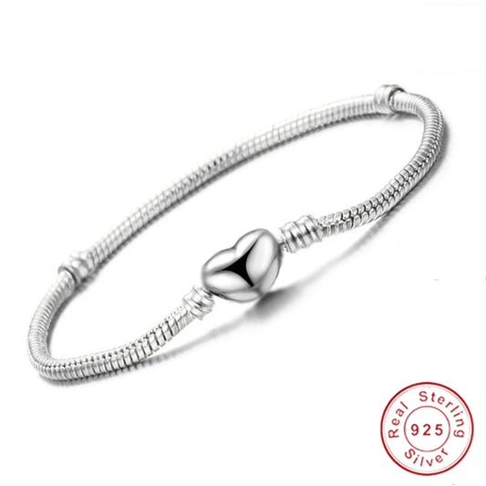 925 Silver Heart Shape Charm Bracelet | Silver Snake DIY Bead Bracelet | Gift for Women