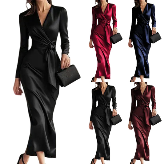 Women'S Fashionable Evening Gown  Autumn Sexy Deep V Neck Long Sleeve Bodycon Dress Classic High Slit Evening Dress Maxi Dress