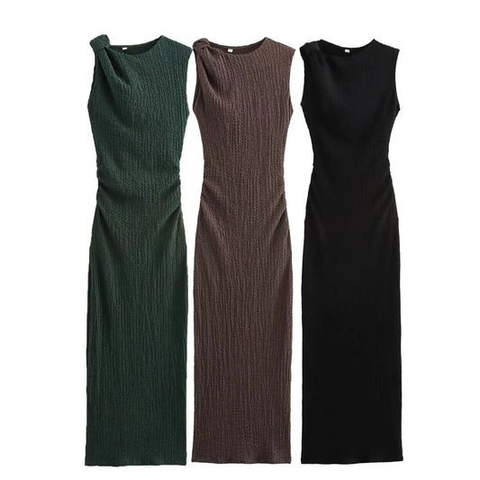 2025 new women's clothing European and American style fashion simple slim bow-decorated textured long dress