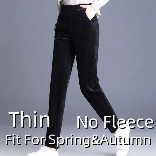 Autumn Winter Women’s High Waist Fleece Corduroy Pants – Elegant Plush Pencil Leggings for Office & Casual Wear