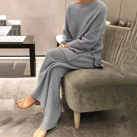 Women’s Knit Lounge Set Sweater and Pants Soft Round Neck Long Sleeve Fall Winter Home Street Outfit