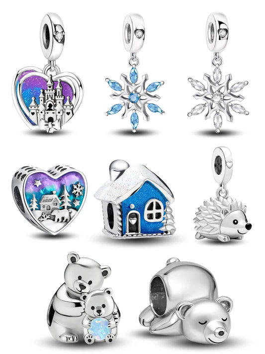 925 Sterling Silver Polar Bear, Snowflake, Hedgehog Winter Series Charm Bead – Fits DIY Bracelet Making High-Quality Jewelry Gift