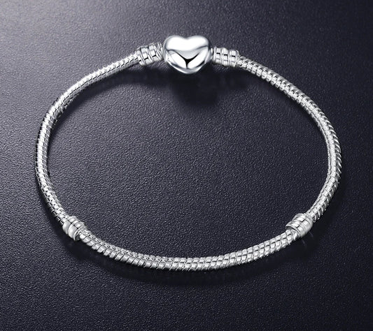 925 Silver Heart Shape Charm Bracelet | Silver Snake DIY Bead Bracelet | Gift for Women