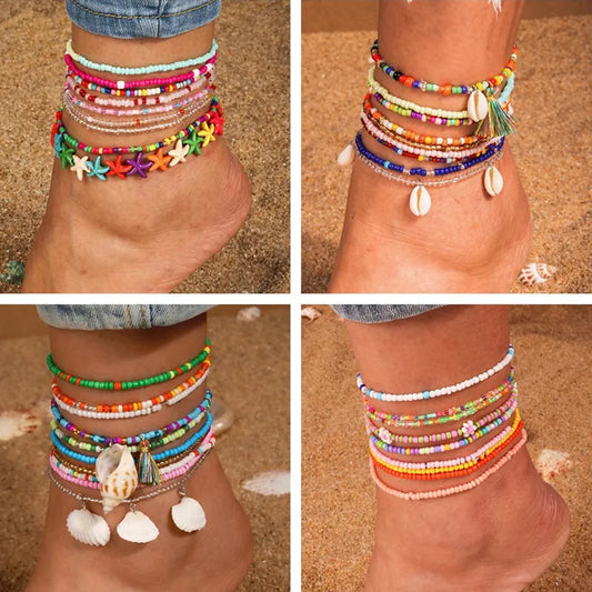 10Pcs/Set Bohemian Handmade Colorful Beads Anklets for Women Summer Beach Shell Starfish Anklets Bracelets Girls Holiday Gifts