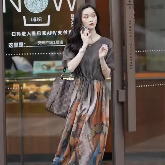 Fashionable Dress for Women 2025 Summer New Retro Drawstring Waist-hugging Long A-line Skirt