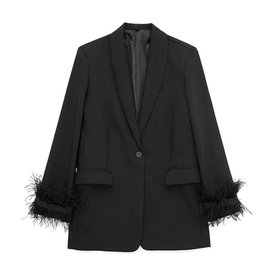 Women Fashion Chic Black With Feather Blazer Jacket Elegant Notched Neck Single Button Long Sleeves Female Outfits