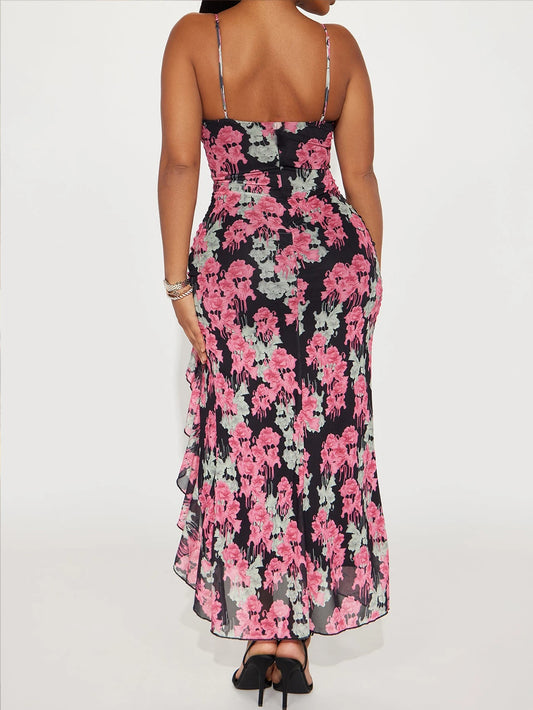 Women's fashionable beach retro floral print fashion dress with suspender dress