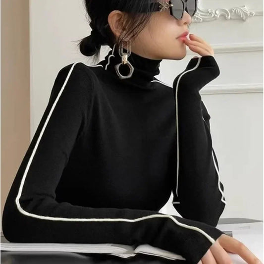Fashion Turtleneck Pullover Women 2023 New Autumn Winter Slim Fit Long Sleeve Elegant Office Sweater Black White