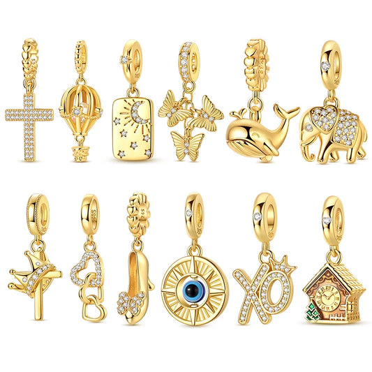 925 Silver Charm Beads Golden Cross Crown Whale Butterfly Pendant | Fits Original Bracelet & Necklace | Women DIY Jewelry Gifts