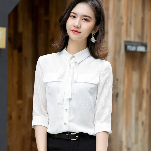 New Fashion Women Shirt Blusas Mujer De Moda 2022 Half Sleeve Chiffon Blouses Office Ladies Camisas Work Tops