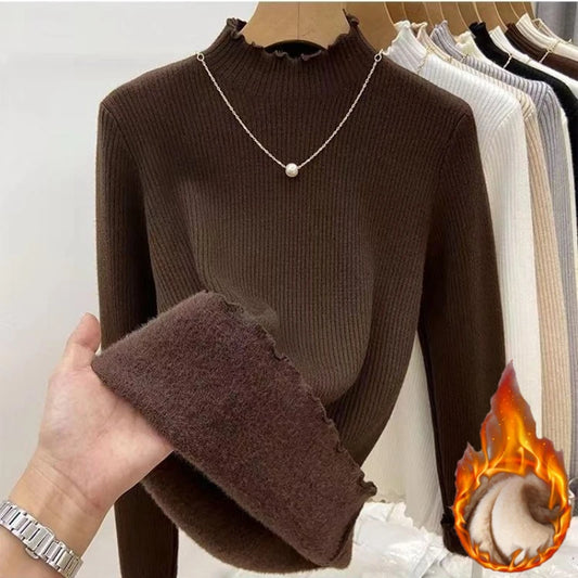 Women’s Long Sleeve Warm Ruffled Edge Sweater Thickened Fleece Lined Turtleneck Pullover Autumn Winter Base Layer Shirt