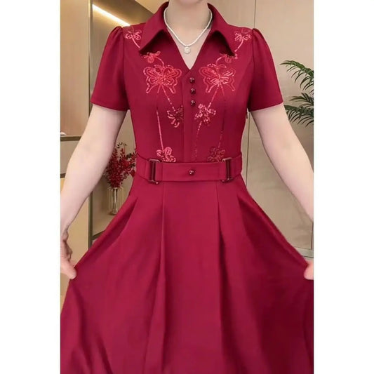 Women Western Style Dress Summer Spring New Fashion High-end Sequin Long Dresses Middle Aged Mother Elegant Slim Vestidos Mujer