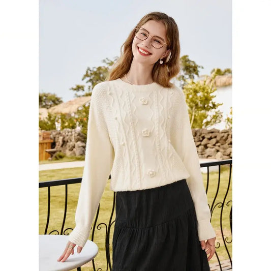 Fashion Women's Clothing 2025 Autumn  Winter New Style Temperament Reducing Loose Flower Embroidered Round Neck Sweater Knit Top