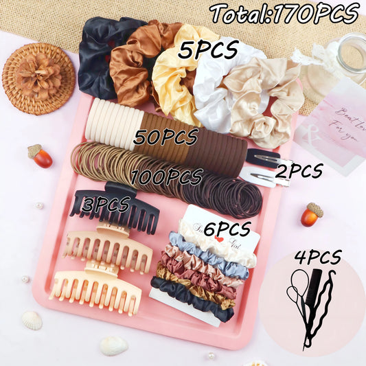 170pcs Women's Hair Accessories Set, Hair Bands, Ponytail Holders, Keel Clips, Rubber Bands,Variety Pack For Hairstyling. ﻿