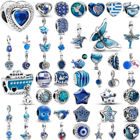 925 Silver Blue Butterfly, Dragonfly, Pentagram, and Feather Pendant Beads – Fit European Original Bracelets DIY Exquisite Jewelry
