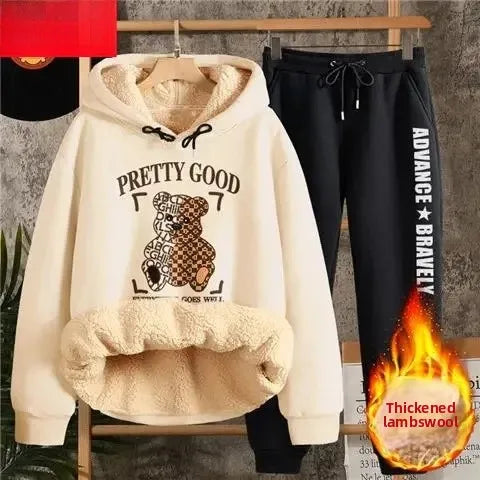 Lamb Velvet Hoodie Set Women Thickened Autumn Winter Sweatshirt Pants Full Sleeve Fashion Student Outfit