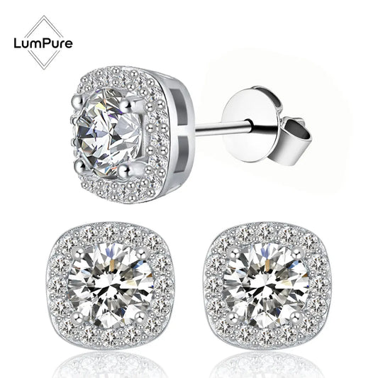 Full-Paved Square-Frame Round Moissanite Earrings – S925 Silver Drop Earrings for Men & Women | Gold & Silver Studs