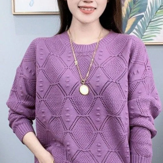 Fashion Round Neck Solid Color Knitted Sweater Women Hollow Thin Loose Long Sleeve Top Spring Autumn Summer
