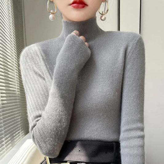 Autumn Winter Women Slim Fit Sweater Black Long Sleeve Mock Neck Bottoming Shirt Basic Knitted Pullover