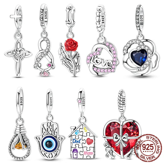 925 Silver Cross Rose Light Bulb Puzzle Dangle Charms | Fits Women Original Bracelet | DIY Jewelry Pendant Gifts