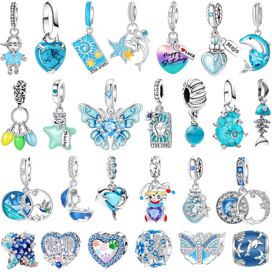 Original 925 Sterling Silver Blue Charms – Butterfly, Flower, Heart, Fish, Dolphin Beads for Necklace DIY Bracelet Jewelry Gift