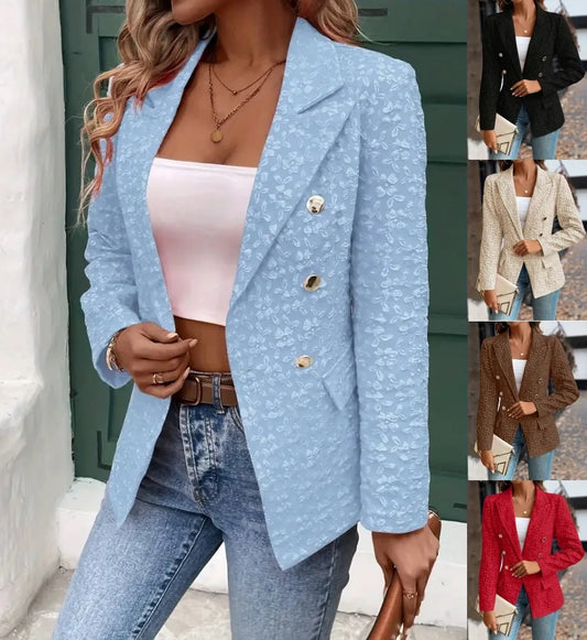Women Fashion Blue  Blazer Jacket 2024 New Office Lady Double Breasted Pockets Vintage Female Coat 