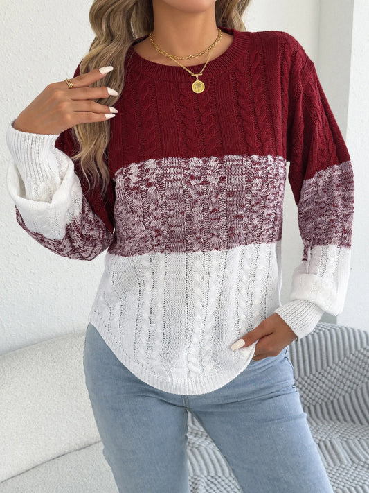 Women Casual Color Block Striped Sweater Round Neck Lantern Long Sleeve Twist Knitted Top 2025 Autumn Winter