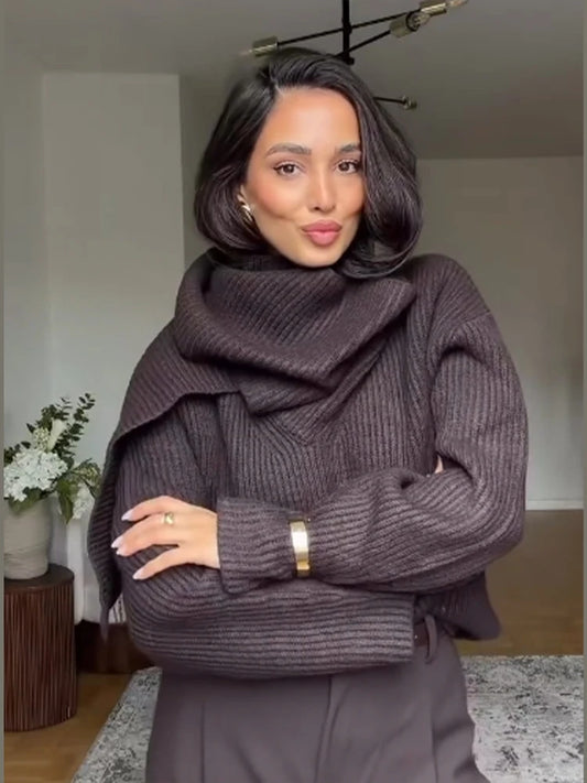 Brown Turtleneck Knitted Pullover Women Solid Casual Scarf Collar Long Sleeve Loose Warm Sweater 2025 Office Knitwear