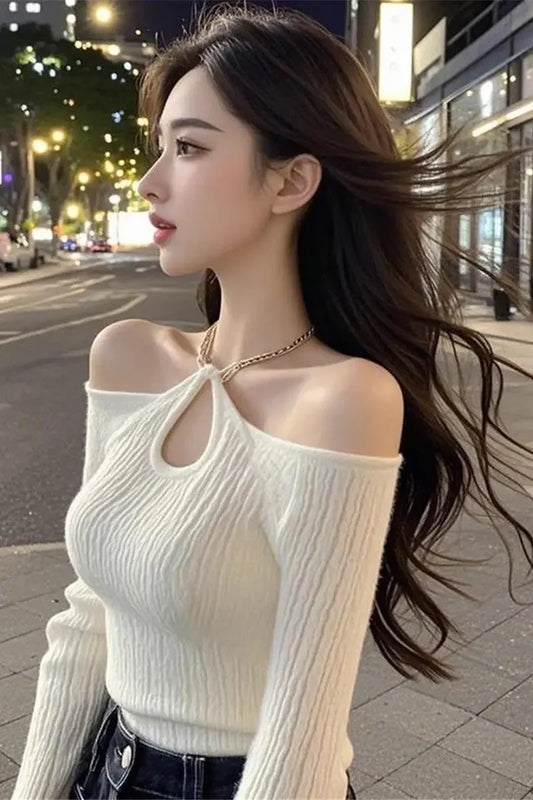women clothes Spring Autumn Fashion Sexy All-match fashionable Hollow Out Solid color slash neck Female Appear thin Pure Desire