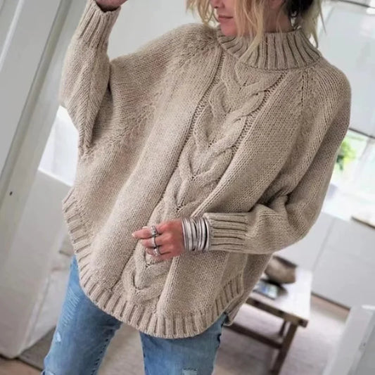 Vintage Inspired Cable Sweater Women Loose Fit High Neck Pullover Fall Winter Casual Everyday Knitwear