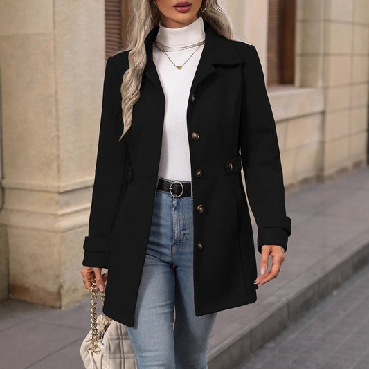 Autumn Winter Women Fashion Loose Fit Notched Lapel Single Breasted Multi Button Mid Length Wool Blazer
