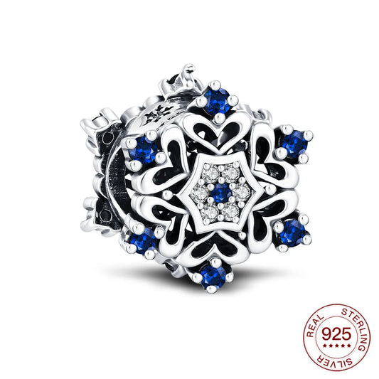 2025 Winter Snowflake Charms 925 Sterling Silver Blue Beads Pendants – Fits Original Bracelet Snowman Charms Christmas Jewelry
