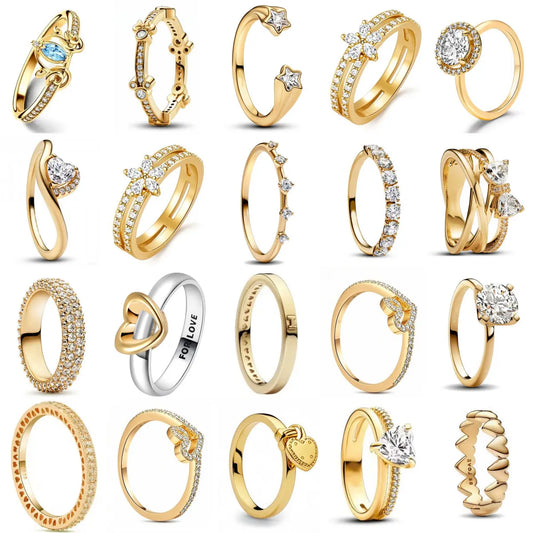 18K Gold Plated 925 Silver Princess Car Heart Mickey Minnie Wedding Ring Set – Women’s Jewelry for Party and Gift