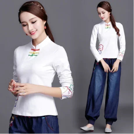 Ethnic Style Streetwear Women’s Shirt – Vintage Y2K Casual Embroidered T-Shirt