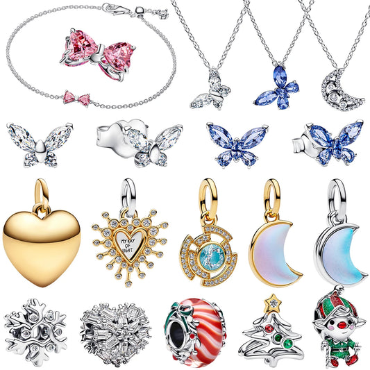 Original 925 Sterling Silver Christmas Butterfly Moon Charms Earrings Beads Pendants Fit Bracelet Necklace DIY Fine Jewelry Gift