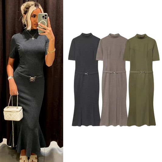 Women Elegant Long Dress Spring Summer Fashion Female Soft Dresses With Belt Lady Short Sleeve Stand Collar OL Knitted Dress