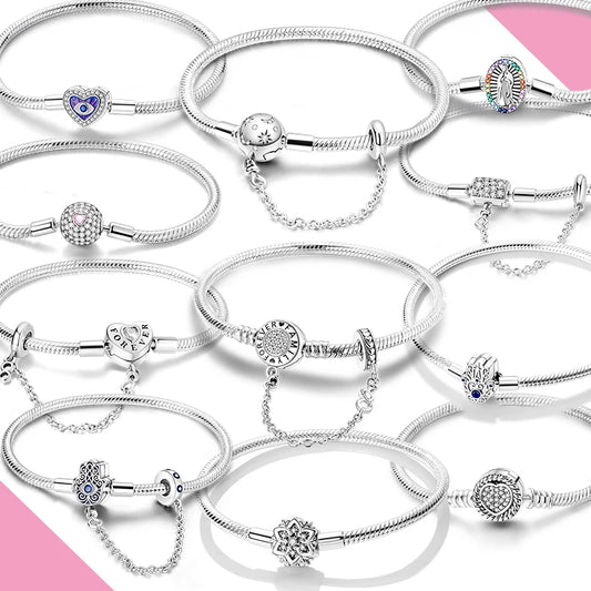 925 Silver Snake Chain Clasp Bead Bracelet | Fits Charms | DIY Jewelry for Women